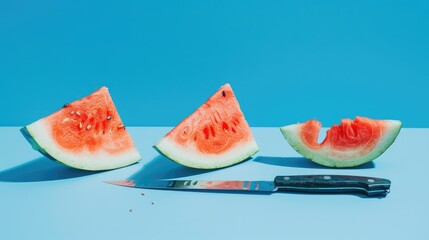 Canvas Print - Watermelon slices and knife against blue backdrop