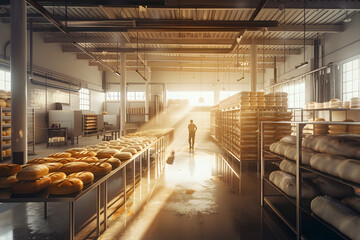 Wall Mural - Big sun lit hall with bread ready to be baked - inside large scale industrial bakery as imagined