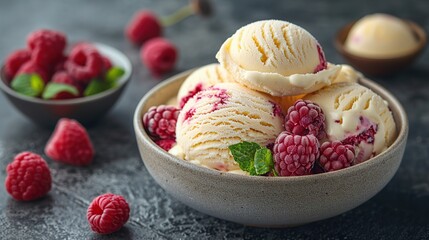 Canvas Print - Vanilla Ice Cream with Raspberries