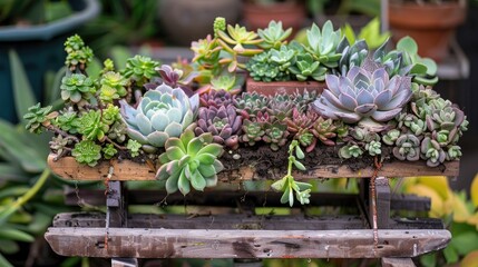 Wall Mural - Arrangement of succulents on wooden rack