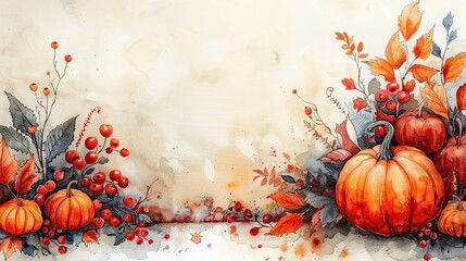 Canvas Print - happy thanksgiving concept watercolor orange pumpkin,fall leaves berries branches on beige background