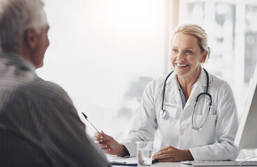 Canvas Print - Woman, doctor and senior patient in consultation for clinical trial recruitment in reverse aging, lifespan and healthcare. Happy medical professional with checklist, document and helping with advice