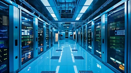 Interior of an IT department in action, servers and networks in a contemporary data center