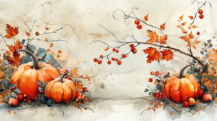 Wall Mural - happy thanksgiving inspection,autumn orange pumpkins fall leaves branches berries