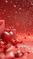 Wall Mural - 3d rendering Valentine background on red color with valentine hearts and love theme for display product. ,copy space, High quality, +