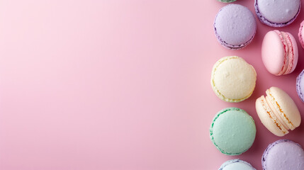 Wall Mural - A close-up of various sweet colorful macarons stacked together on pink background