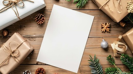 Letter to Santa Claus on white paper with New Year decorations Top view mockup