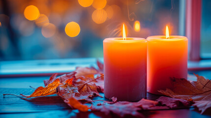 Minimal aesthetic lifestyle Two burning candles in the autumn interior