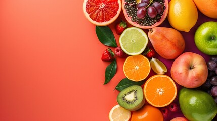 Sticker - Fresh fruit on a bright background. A natural and healthy food mix.