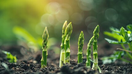 Wall Mural - Fresh green garden asparagus seedlings in focus