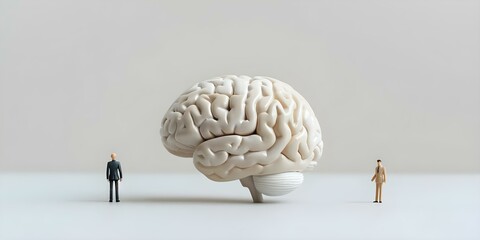 Wall Mural - Tiny figures next to 3D brain model showing cognitive development through interaction. Concept Cognitive Development, Tiny Figures, 3D Brain Model, Interaction Reach