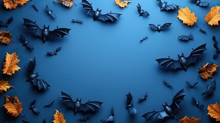 Wall Mural - minimal halloween flat lay style composition,bats on blue background top view view from above