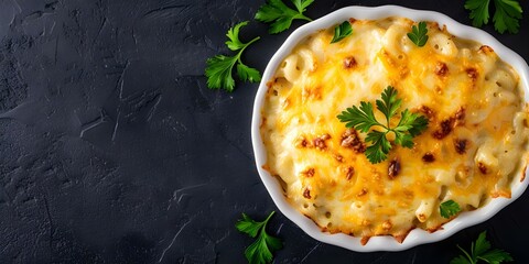 Wall Mural - Classic American Macaroni and Cheese with Baked Golden Cheddar Topping. Concept American Cuisine, Macaroni and Cheese, Comfort Food, Baked Cheddar, Classic Recipes