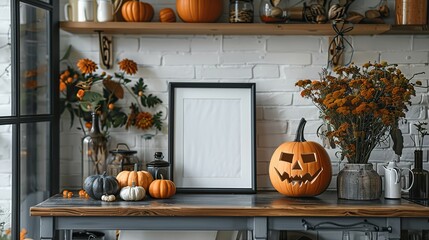 Poster - photo frame mockup,jack o lantern pumpkins skull vase of dried flowers on table in scandinavian style interior kitchen