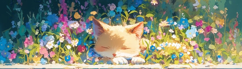 Wall Mural - Cat Sleeping in a Field of Flowers.