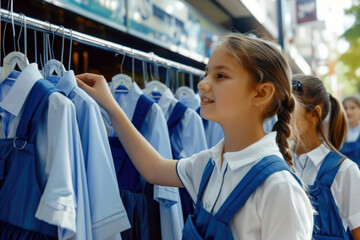 A young girl is shopping for clothes in a store