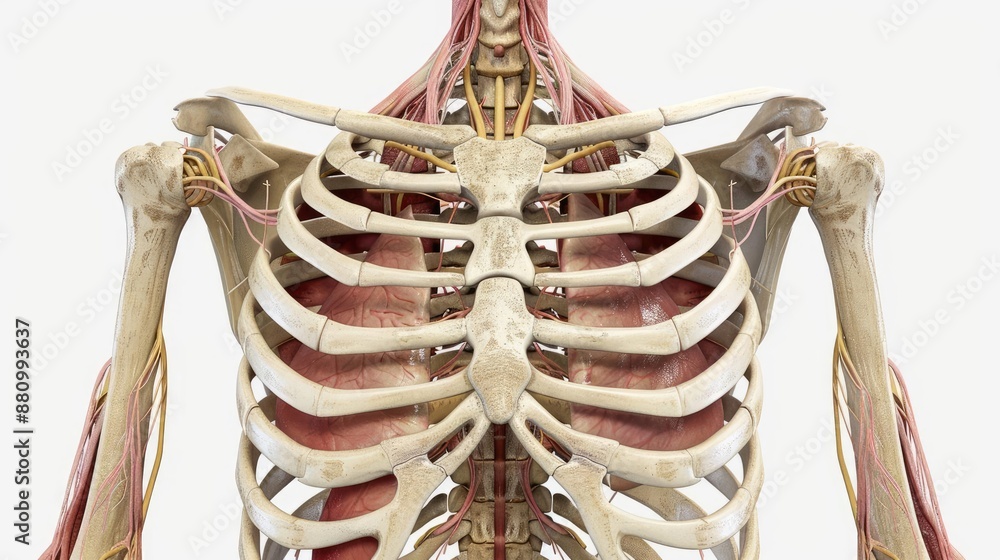 Realistic 3D model of the human rib cage showing detailed structures ...