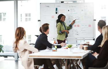 Poster - Presentation, group and business woman on whiteboard for brainstorming creative ideas for inclusion. Team, meeting and happy manager on board for discussion, strategy and graphic design at startup