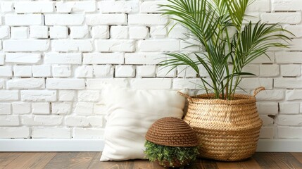 Canvas Print - Rustic home decor with wicker basket pillow plant against white brick wall