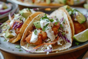 Canvas Print - Fresh seafood tacos served on a table with all the fixings