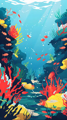 Wall Mural - Underwater scene in a flat design style cartoon children illustration