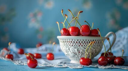 Poster - Delicious cherries in porcelain cup with crochet on table blue background