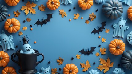 Wall Mural - spooky evil spirits,witch pot on blue background flat lay top view spiders paper ghosts bats