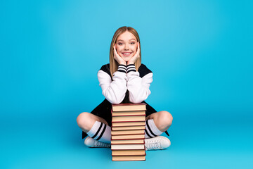 Sticker - Photo of pretty lovely cheerful girl wear trendy clothes long socks isolated on blue color background