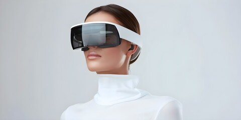 Wall Mural - Woman using augmented reality glasses for immersive virtual experience. Concept Augmented Reality Glasses, Virtual Reality Experience, Immersive Technology, Future Technology, Female User