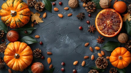 Sticker - thanksgiving pumpkins,fruits,nuts on wooden background autumn fall concept flat lay top view copy space