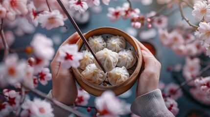 Sticker - Delicious Dumplings with Cherry Blossom Background