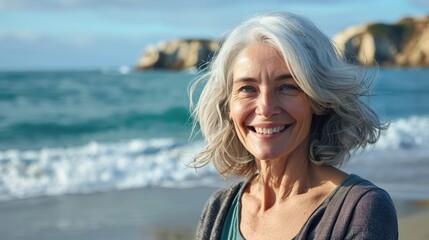 Canvas Print - A woman with gray hair is smiling at the camera on a beach