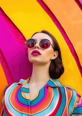 Canvas Print - A woman wearing sunglasses and a colorful striped shirt poses for a photo