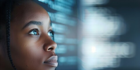 A Black woman's face reflecting code from her innovative app development work. Concept Technology, Innovation, Coding, Black Women, App Development