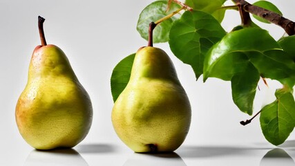 Wall Mural -  Freshly picked pears with vibrant green leaves