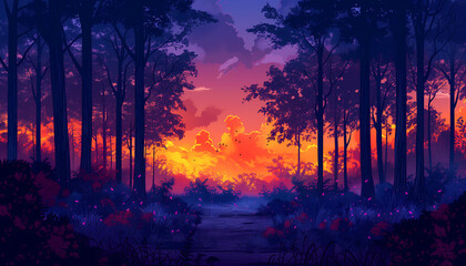 Canvas Print - neon forest glade scenery in the sunset, wood wallpaper with vivid lights