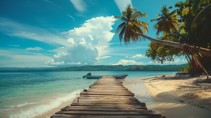 Poster - a boat is docked on a wooden pier on the beach