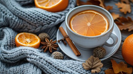 Canvas Print - wooden table,knitted sweater tea cup acorns dry oranges cinnamon stick autumn fall hygge feminine desk flat lay top view