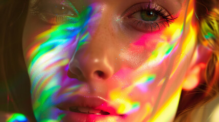 A close-up of the woman's face shows a rainbow illuminating her features. The colors intertwine on her skin, creating a dynamic mosaic that highlights her natural beauty and radiates energy.