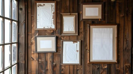 Wall Mural - Paper and picture frames on the timber wall