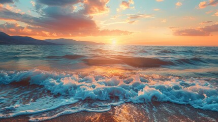 Canvas Print - Stunning sunset over Ionian Sea in Vlore Albania Serene water with gentle waves Horizontal picture with empty space Summer vacation theme backdrop