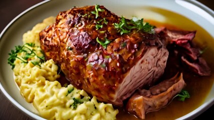 Poster -  Deliciously cooked roast beef with creamy mashed potatoes and a savory sauce