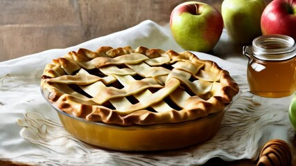 Poster -  Delicious homemade apple pie with honey glaze ready to be enjoyed