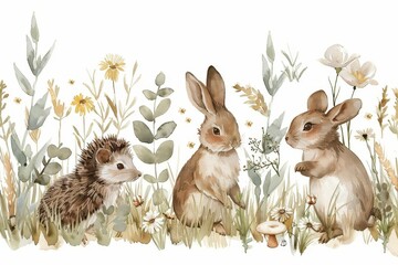 A watercolor illustration of a hedgehog and two rabbits in a field of wildflowers.