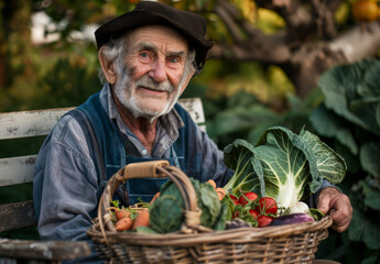 Wall Mural - A smiling senior man farmer holding a basket full of vegetables in the garden,