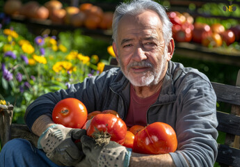 Wall Mural - smiling senior man harvesting vegetables in his garden