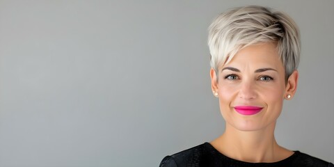 Wall Mural - Portrait of a Caucasian woman with short blonde pixie cut and pink lipstick. Concept Portrait Photography, Blonde Pixie Cut, Pink Lipstick, Caucasian, Woman