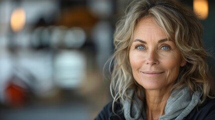 portrait of beautiful caucasian woman 40-50 years old in sportswear in gym looking at camera, copyspace