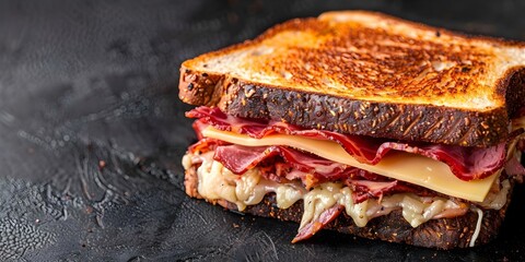 Wall Mural - Grilled Reuben Sandwich Against a Plain Background. Concept Food Photography, Sandwich Presentation, Deli Classics, Simple Backgrounds, Appetizing Images