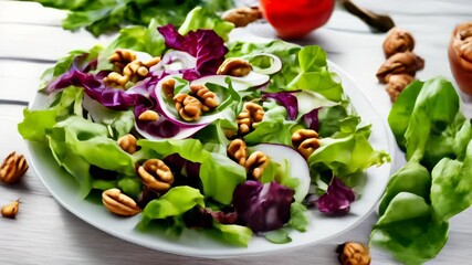 Wall Mural -  Fresh salad with walnuts and greens ready to serve